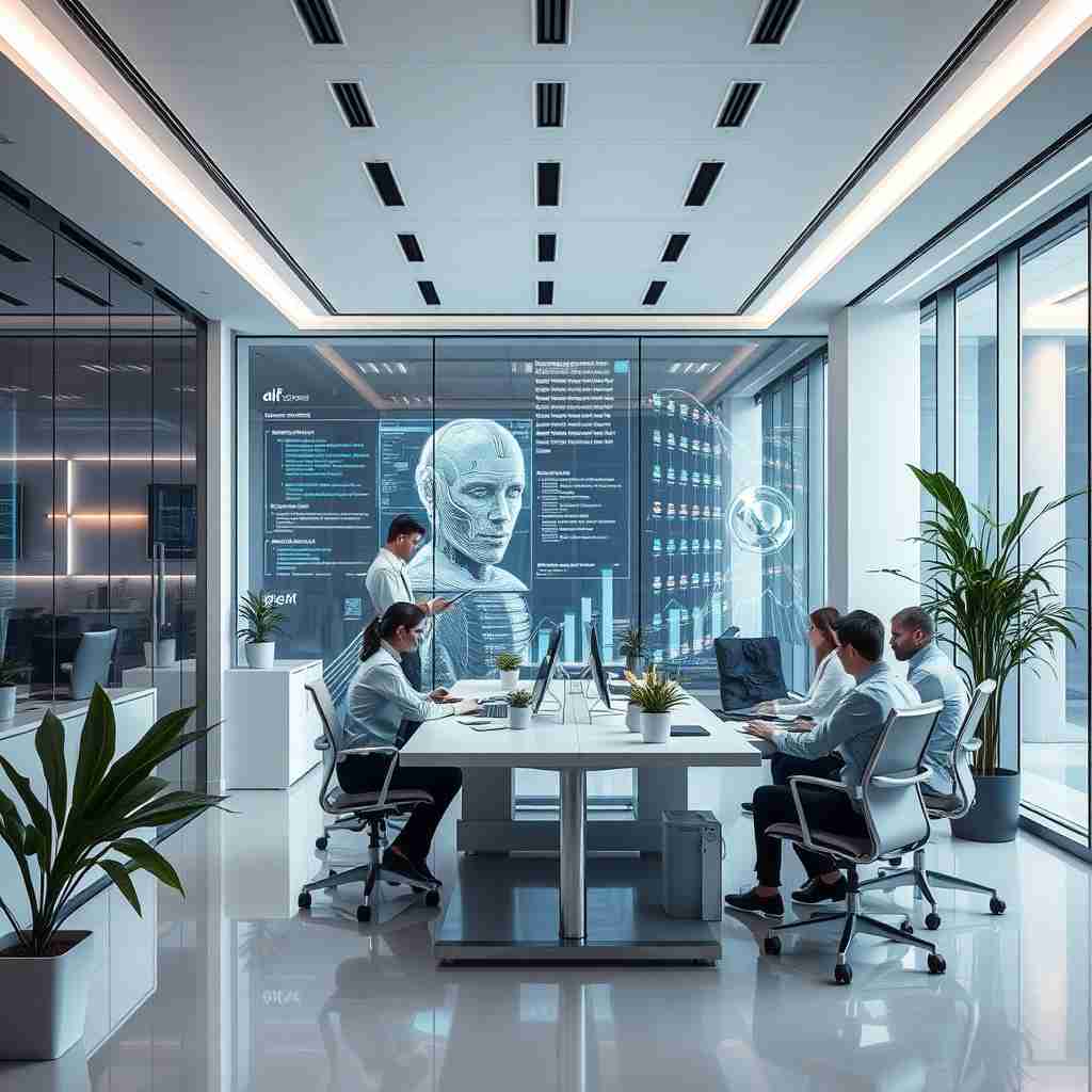 Visualization of 2025 IT trends including AI, cloud, and cybersecurity for modern businesses