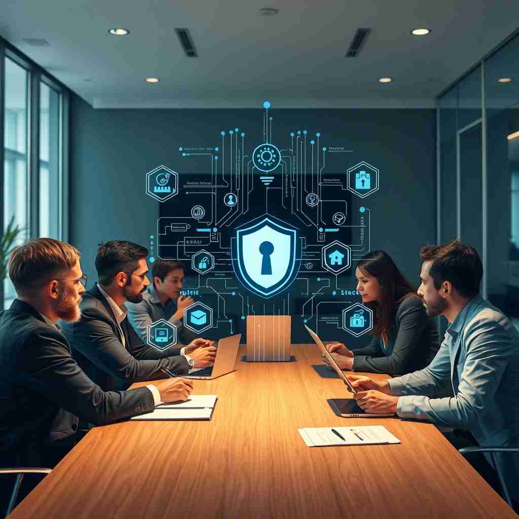 Illustration of a company protecting itself against cyber threats using cybersecurity measures