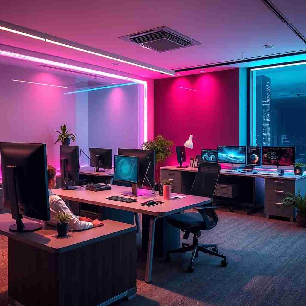 Modern IT workspace with ergonomic desk, cloud tools, and productive employee