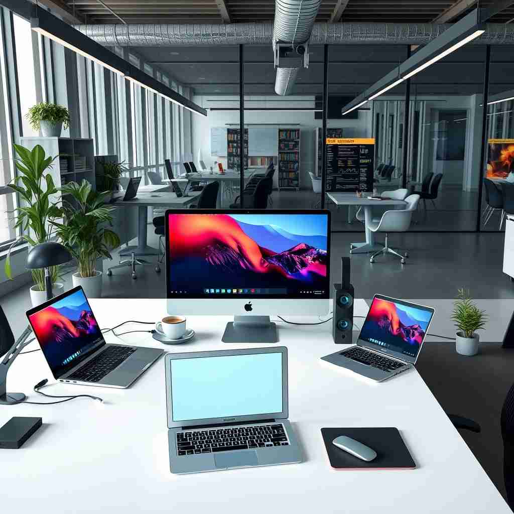 Werknemer werkt op moderne werkplek met laptop, dockingstation en extra schermen