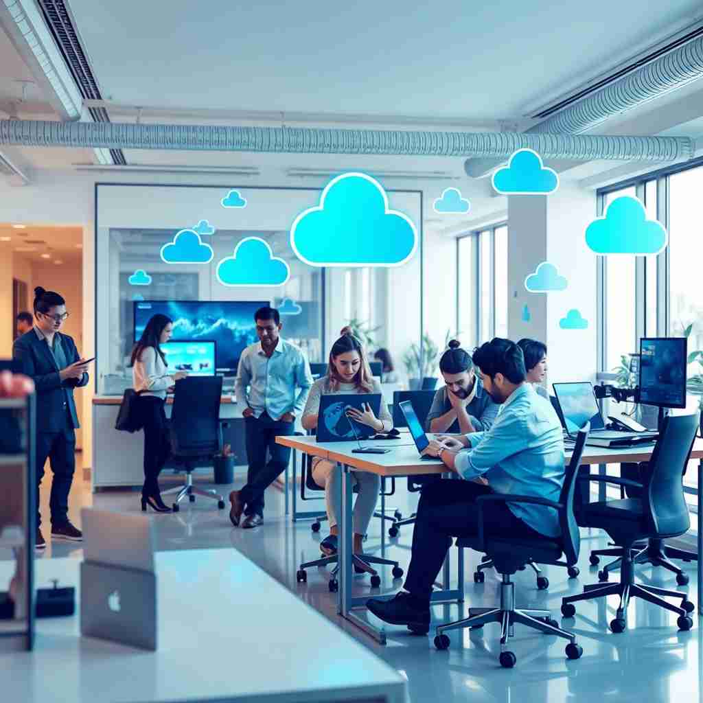 Medewerker werkt flexibel via cloudomgeving op laptop en bespreekt cloudstrategie.